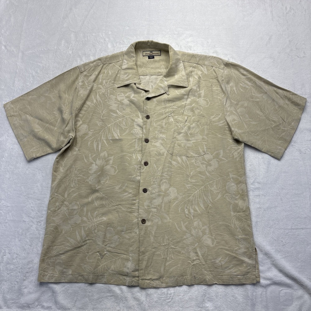 Vintage Tommy Bahama 100% Silk Camp Shirt Mens XL Tan Jacquard Floral Y2K